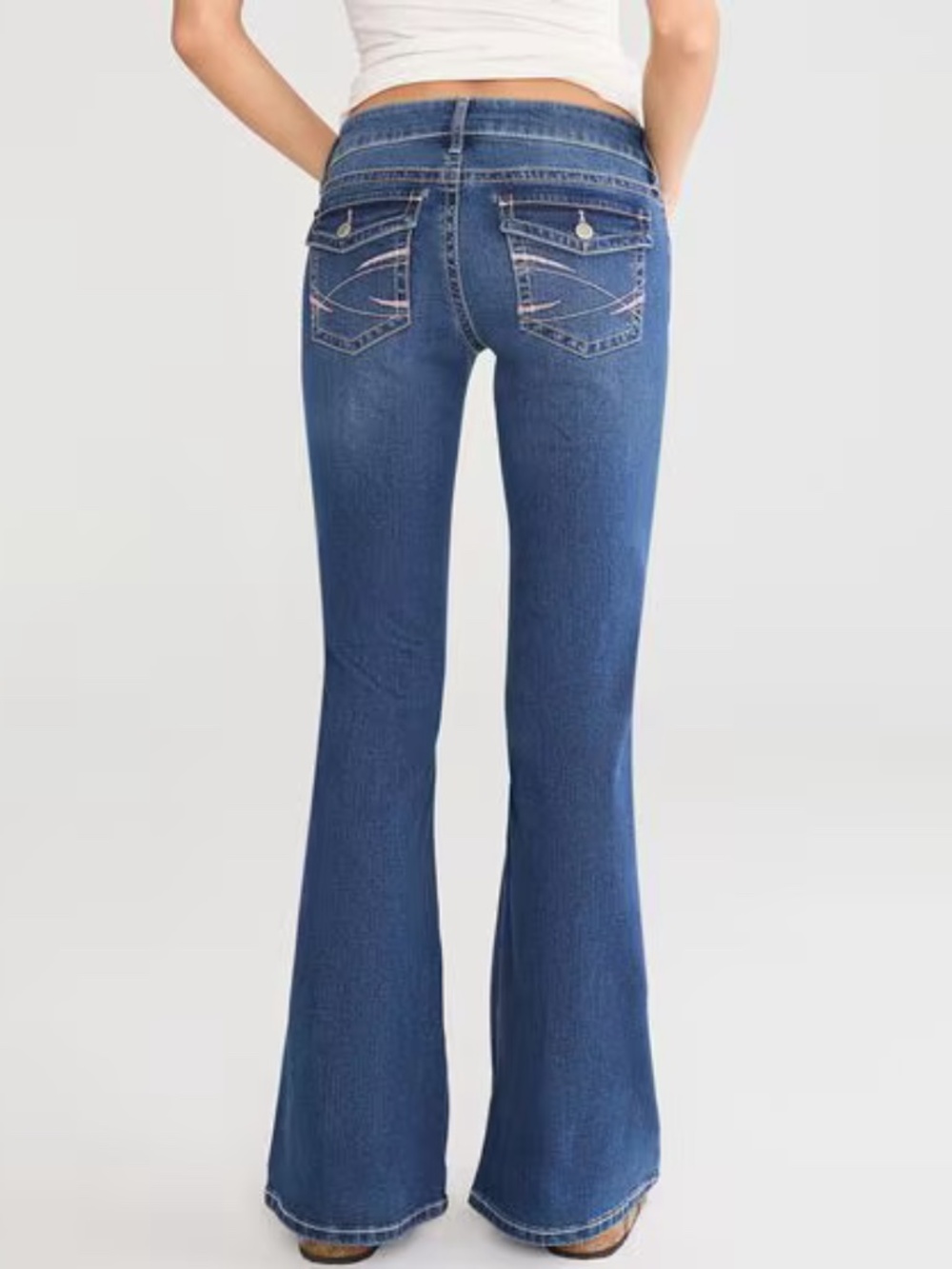 Super Low-Rise Flare Pocket (pink) Stitch Jean dark wash